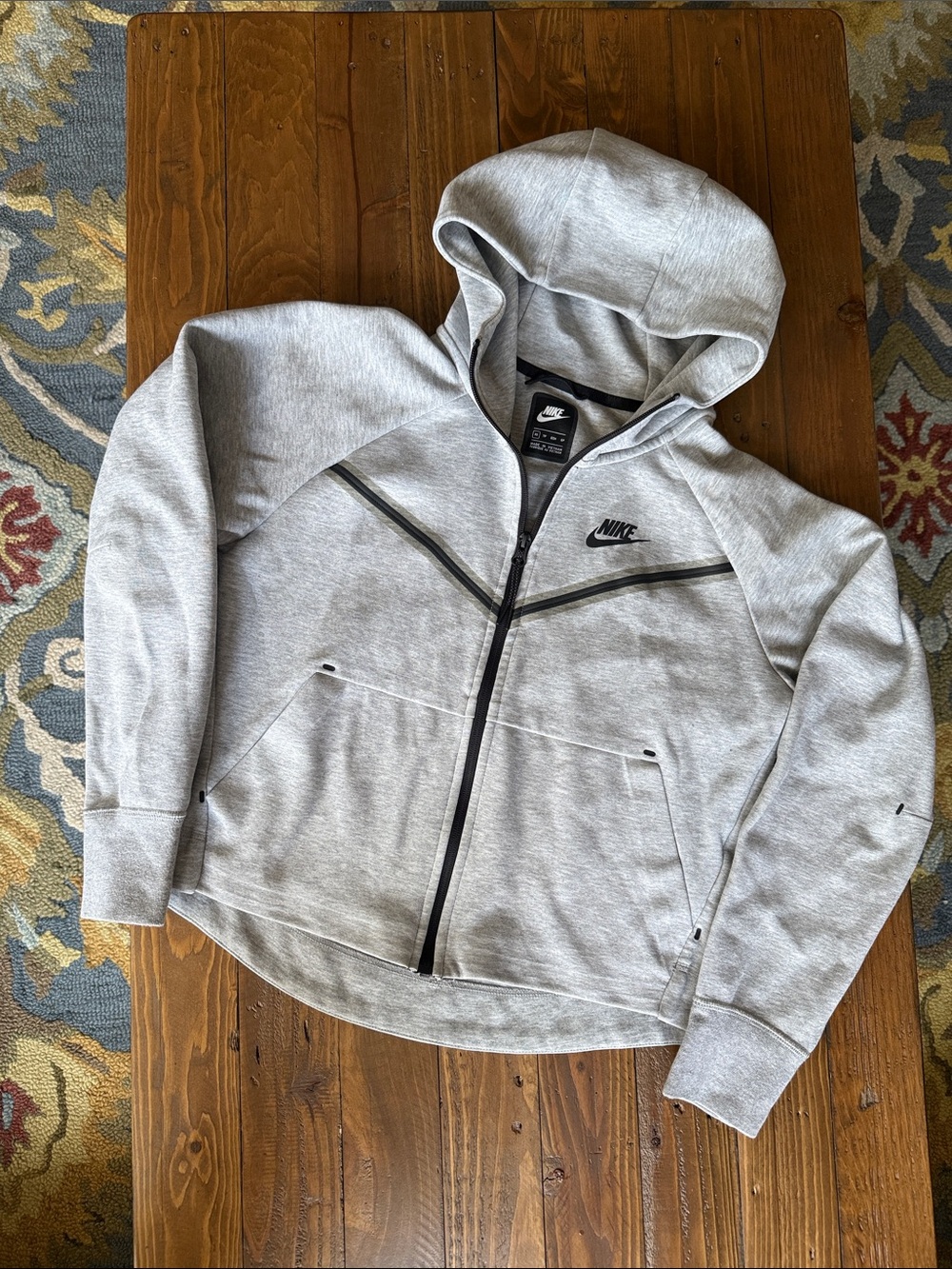 Nike Tech Gray Zip-Up Hooded Sweatshirt with Black Accents